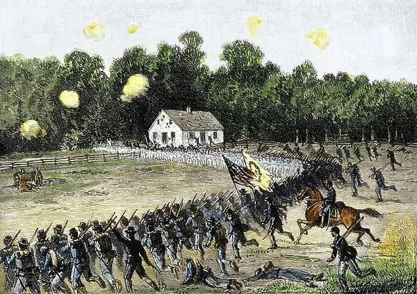 United States of America Secession War (1861-1865): Irwin Brigade (Union) appointed confederates to Dunker Church, Battle of Antietam (or Battle of Sharpsburg in the South) on September 17, 1862. Colourful engraving of the 19th century