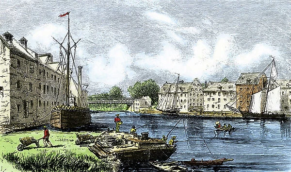 United States, Delaware: Old mills on the banks at Brandywine Creek, 19th century. Colour engraving of the 19th century