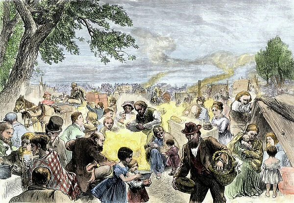 United States, Illinois: Camp for victims of the Chicago fire at Lake Michigan near Lincoln Park, 1871. Colour engraving of the 19th century