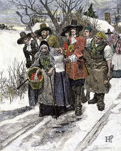 United States, Massachusetts: New England Puritans arresting an old lady accused of witchcraft 1600 years. Colour engraving of the 19th century