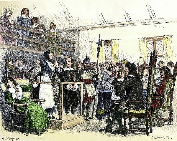 United States, Massachusetts: Proces de la femme de Giles Corey pour sorcery a Salem, 1692. Colouring engraving of the 19th century