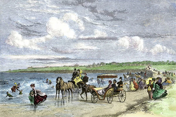 United States, Rhode Island State: Summer residents enjoying the beach in Newport, Rhode Island, years 1870. Colour engraving of the 19th century
