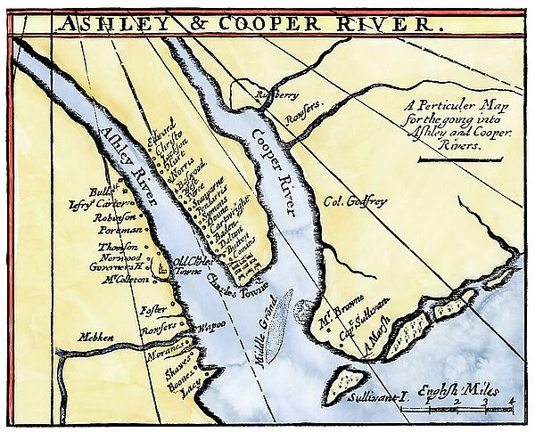 United States, South Carolina: Colonial Map of the Ashley and Cooper Rivers, Charleston Site, South Carolina, 17th century. Colour engraving of the 19th century