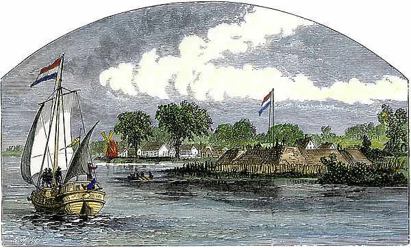 United States, State of Connecticut: Dutch boat crossing Fort Good Hope near the shores of Connecticut of Long Island Sound, years 1600. Colour engraving of the 19th century