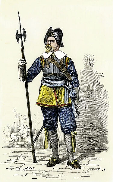 United States, State of Delaware: Soldier of Suede in the Colony of Delaware, 1600s. Colour engraving of the 19th century