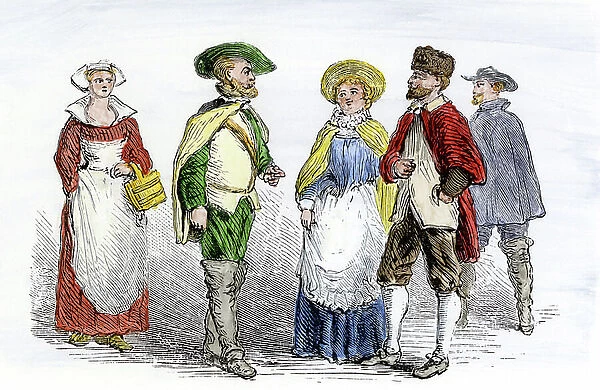 United States, State of Delaware: Traditional costume of the Swedish settlers in the 1600s. 19th century color engraving