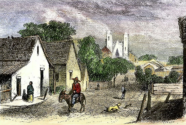 United States, State of Texas: quiet street of San Antonio, Texas, years 1870. Colour engraving of the 19th century