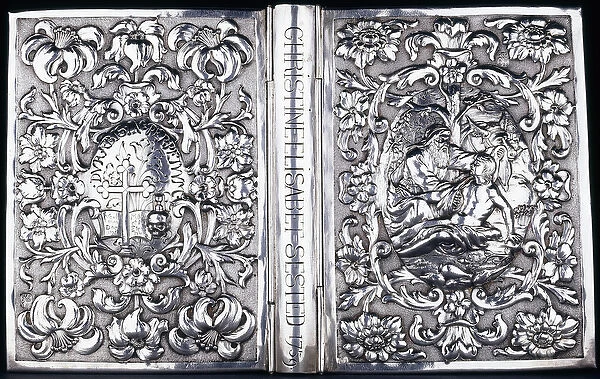 Upper and lower book cover with foliage and an image of the Good Samaritan