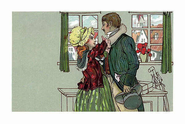 Valentine's Day greeting card: man and woman enlaces. 19th century chromolithography