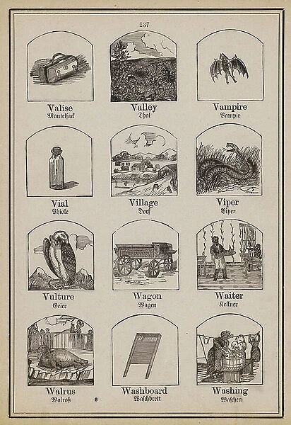 Valise, Valley, Vampire, Vial, Village, Viper, Vulture, Wagon, Waiter, Walrus, Washboard, Washing (engraving)