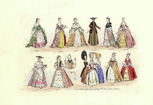 Variety of women's costumes from 1760 to 1771, based on various books and almanach. Lithograph by Charles Martin, engraving by Leopold Martin, published in ' Costumes civils d'Angleterre depuis la conquete a nos jours', 1842, London
