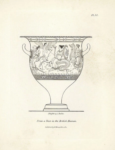 Vase decorated with mythical figures of nereids and hippocampi from the British Museum. Copperplate engraving by Henry Moses from A Collection of Antique Vases, Altars, etc., London, 1814