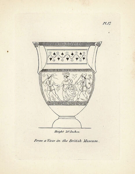 Vase with depiction of a festival to Bacchus, woman holding vine leaf with basket on her head, and two men holding torch and javelins. In the British Museum