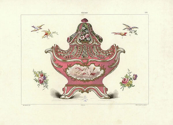 Vase in the pot-pourri style 1757, with bird and flower examples. Chromolithograph by Gillot of an illustration by Edouard Garnier from The Soft Paste Porcelain of Sevres, Maison Quinn, Paris, 1891