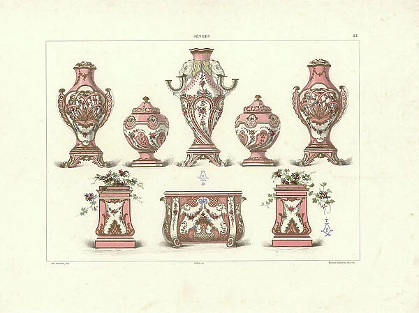 Five vases with flowers by Taillandier 1757, two jardinieres or flower pots in the form of a pedestal with flowers by Binet 1757, and an oval jardiniere in the center