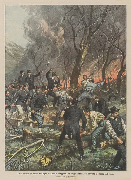 Vast forest fires on the lakes of Como and Maggiore, the troops intent on preventing the march of the fire (colour litho)