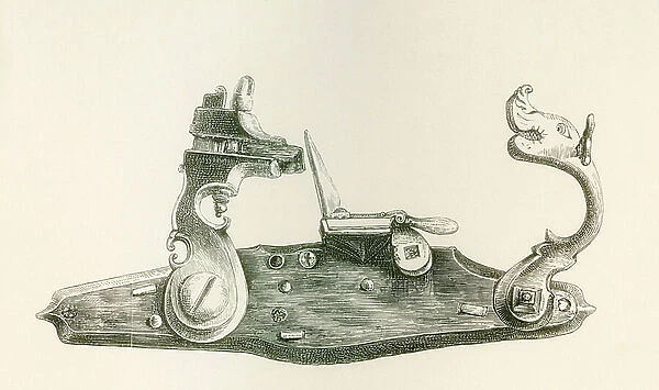 Vauban Lock, a combination of flint and matchlock, 1692, from The British Army: Its Origins, Progress and Equipment, published 1868