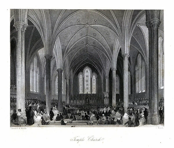 Vaulted ceiling and stainless-glass windows in Temple Church. Steel engraving by Henry Melville after an illustration by George Cattermole and Henry Melville from London Interiors, Their Costumes and Ceremonies, Joshua Mead, London, 1841