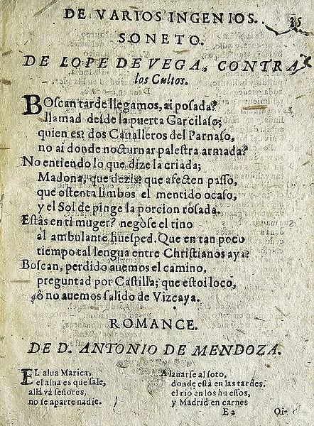 VEGA CARPIO, Felix Lope de (1562-1635). Soneto contra los cultos' ('Sonnet against educated people'). Satirical poem included in the compilation 'Poesias varias de grandes ingenios espanoles'' (Poems by great Spanish authors)