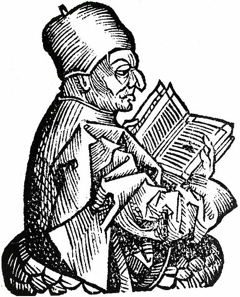 Venerable Bede (c.673-735) Anglo-Saxon theologian, scholar and historian: monk at Jarrow, Northumberland, holding open a book. Woodcut from Hartmann Schedel Liber chronicarum mundi (Nuremberg Chronicle) Nuremberg, 1493