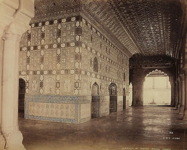 Verandah of the Sheesh Mahal, the Palace of Mirrors near Jaipur, in the Rajastan region of India