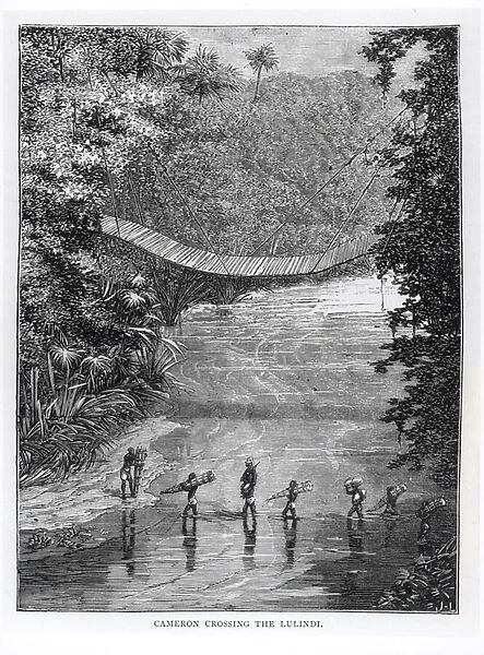 Verney Lovett Cameron (1844-94) Crossing the Lulindi (engraving) (b  /  w photo)