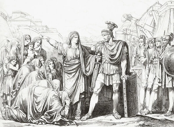 Veturia begs Coriolanus to cease attack on Rome, 5th century bc (print)