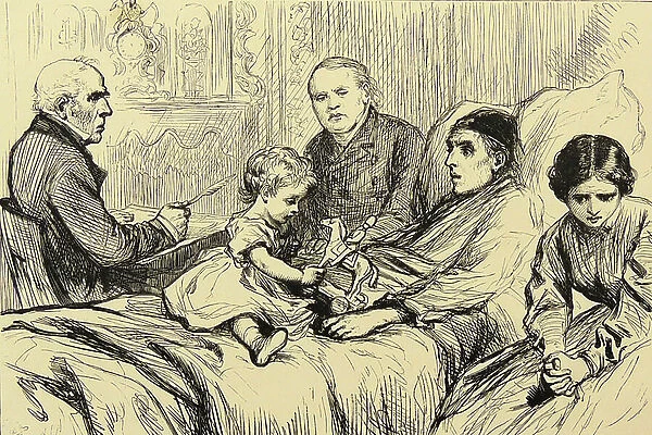 Victim of Stroke with his doctor, lawyer, wife and child around his bed. Illustration for the novel ''Armdale'' by Wilkie Collins from ''The Cornhill Mgazine'', London, 1864