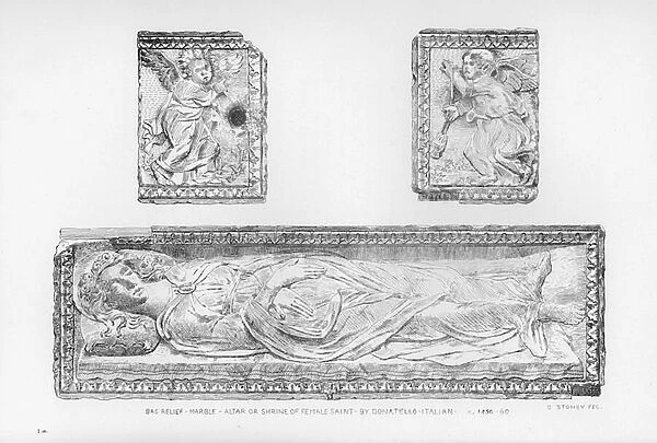 Victoria And Albert Museum: Bas Relief, marble, Altar or Shrine of Female Saint, by Donatello, Italian, c 1450-60 (engraving)