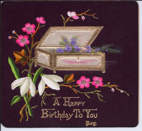 A Victorian Birthday Card with a casket of violets and a spray of snowdrops