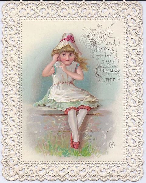 A Victorian Christmas Card of a girl holding a sea shell to her ear