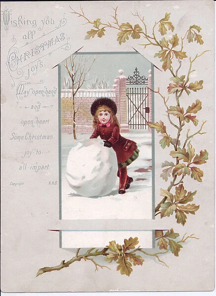 A Victorian Christmas card of a girl rolling a large snowball, c. 1880 (colour litho)