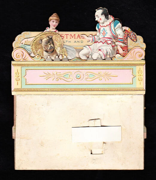 A Victorian die cut pop up Christmas card of a dancer, a clown and a performing dog, c