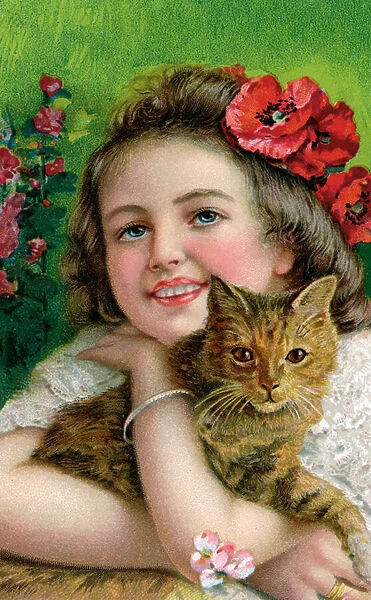 Victorian Girl with a Pet Cat, 1901 (chromolithograph)