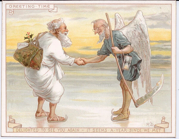 A Victorian greeting card of Father time shaking hands with Father Christmas, c