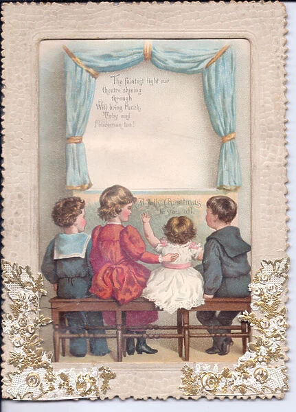 A Victorian hold-to-light Christmas Card of a group of children sitting on a bench in