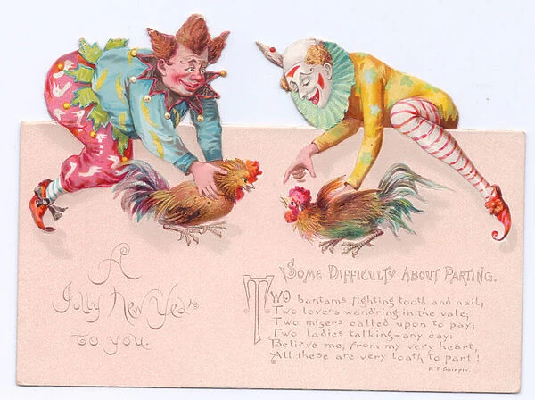 Victorian New Year card of two clowns holding two bantams about to fight, c