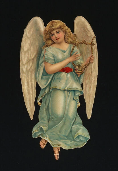 Victorian scraps: Angel playing a harp (chromolitho)