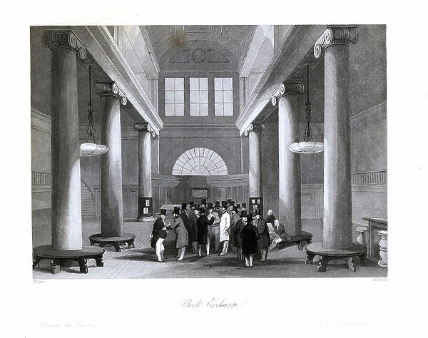 Victorian stockbrokers dealing at the Stock Exchange. Steel engraving by Henry Melville after an illustration by Gilbert from London Interiors, Their Costumes and Ceremonies, Joshua Mead, London, 1841