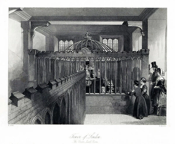Victorian tourists examining the royal jewelry in the Crown Jewel Room, Tower of London. Steel engraving by Henry Melville after an illustration by Llewellyn Jewitt from London Interiors, Their Costumes and Ceremonies, Joshua Mead, London, 1841