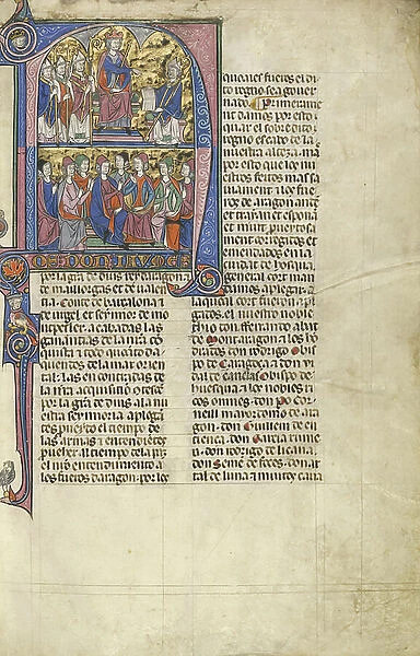 Vidal de Canellas presenting his text to King James I the Conqueror, from the Vidal Mayor manuscript by Vidal Canellas, copied by Michael Lupi de Candiu, c.1290-1310 (vellum)