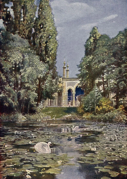 Part of the Vierwaldstattersee and the antelope house, Berlin Zoological Garden, Germany (colour litho)