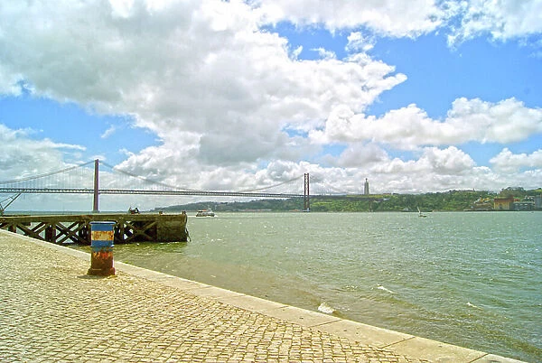 View of The 25 de Abril Bridge from the north bank of Tejo river, Lisbon, Portugal (photo)