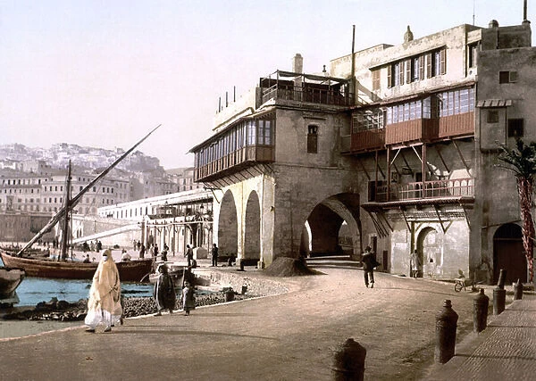 View of the Admiralty at Algiers, c. 1899 (hand-coloured photo)