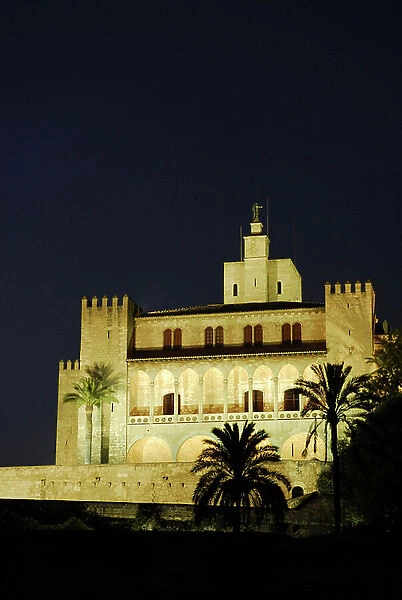 View of the Almudaina Palace, Palau de Almudaina, historic castle with palm trees in the historic centre, Ciutat Antiga, Palma de Majorca, Balearic Islands, Spain