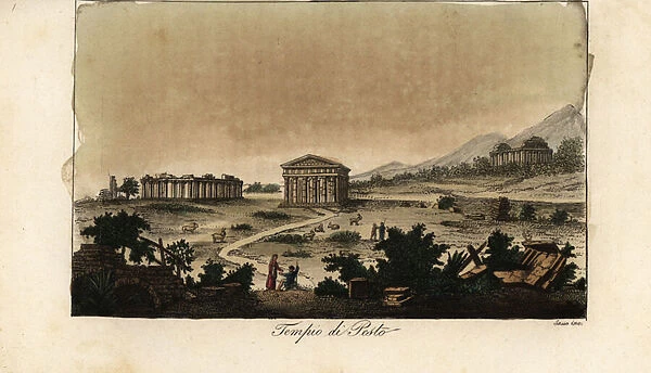 View of the ancient Greek temples of Hera at Paestum, Italy