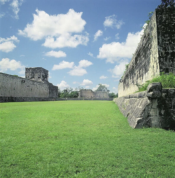 View of the ball court showing both north and south walls with carved stone marker or scoring rings, Maya-Toltec, Early Post-Classical period (c.900-c.1200 AD) (photo)