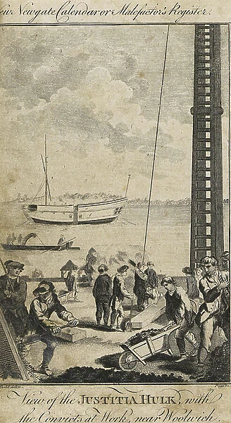 View of the boat prison (or hulk) Justitia, with inmates doing forced labour at the Royal Arsenal in Woolwich (London, England)
