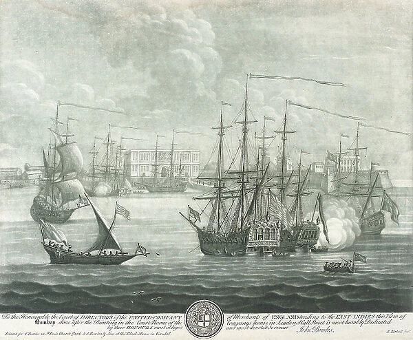 View of Bombay (India), dedicated to the director of the British East India Company. Engraving by John Bowles (?), 18th century