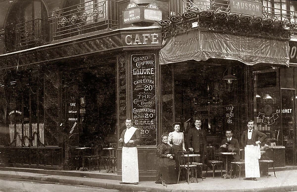 View of the cafe of the Grand Comptoir du Louvre, at the corner of rue des bons-enfants and rue Saint-Honore, at the location of the current Ministry of Culture and Communication, the owners and boys of coffee with their apron